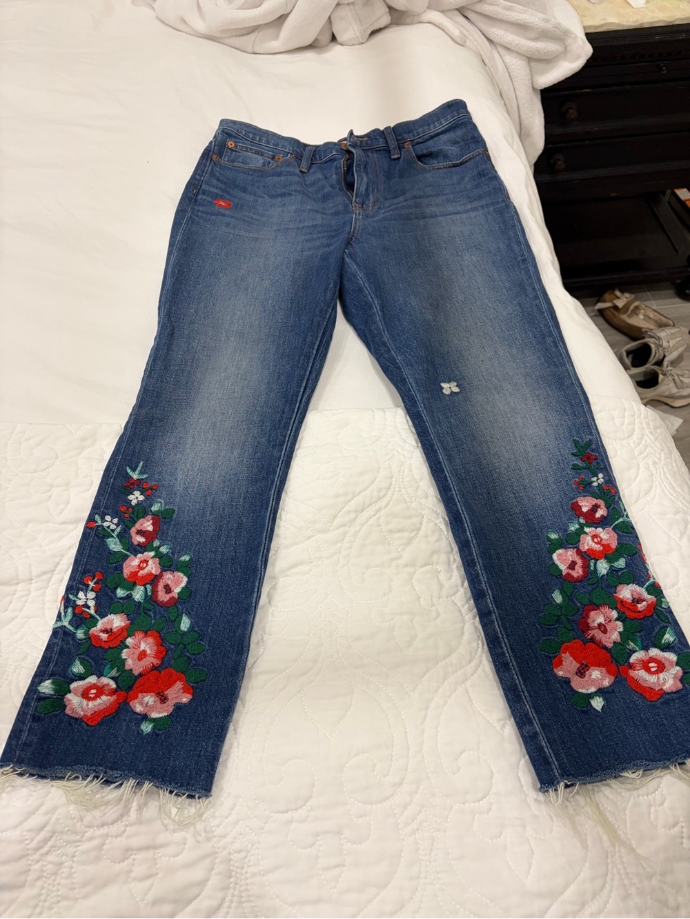 Madewell Blue Slim Boyfriend Jeans with Red & Pink Floral Embroidery